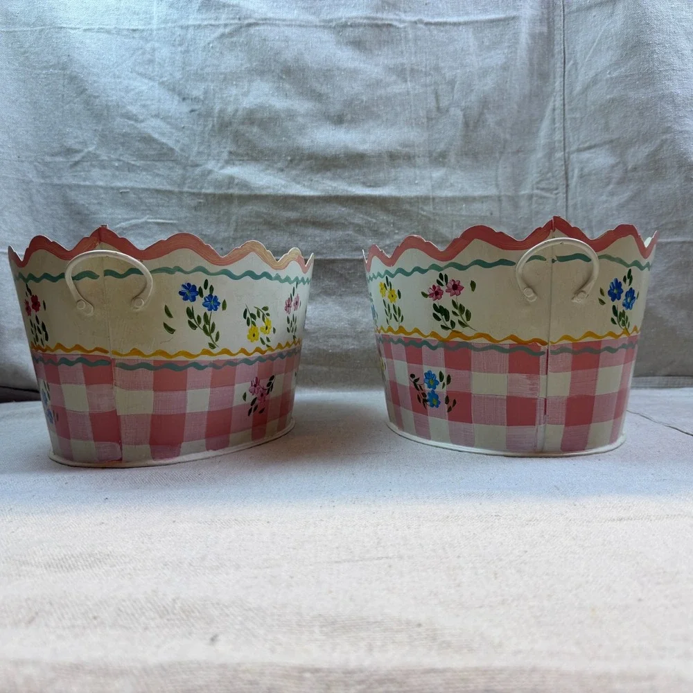 Planter Hand Painted Tin Set of 2 Unused Originally $100